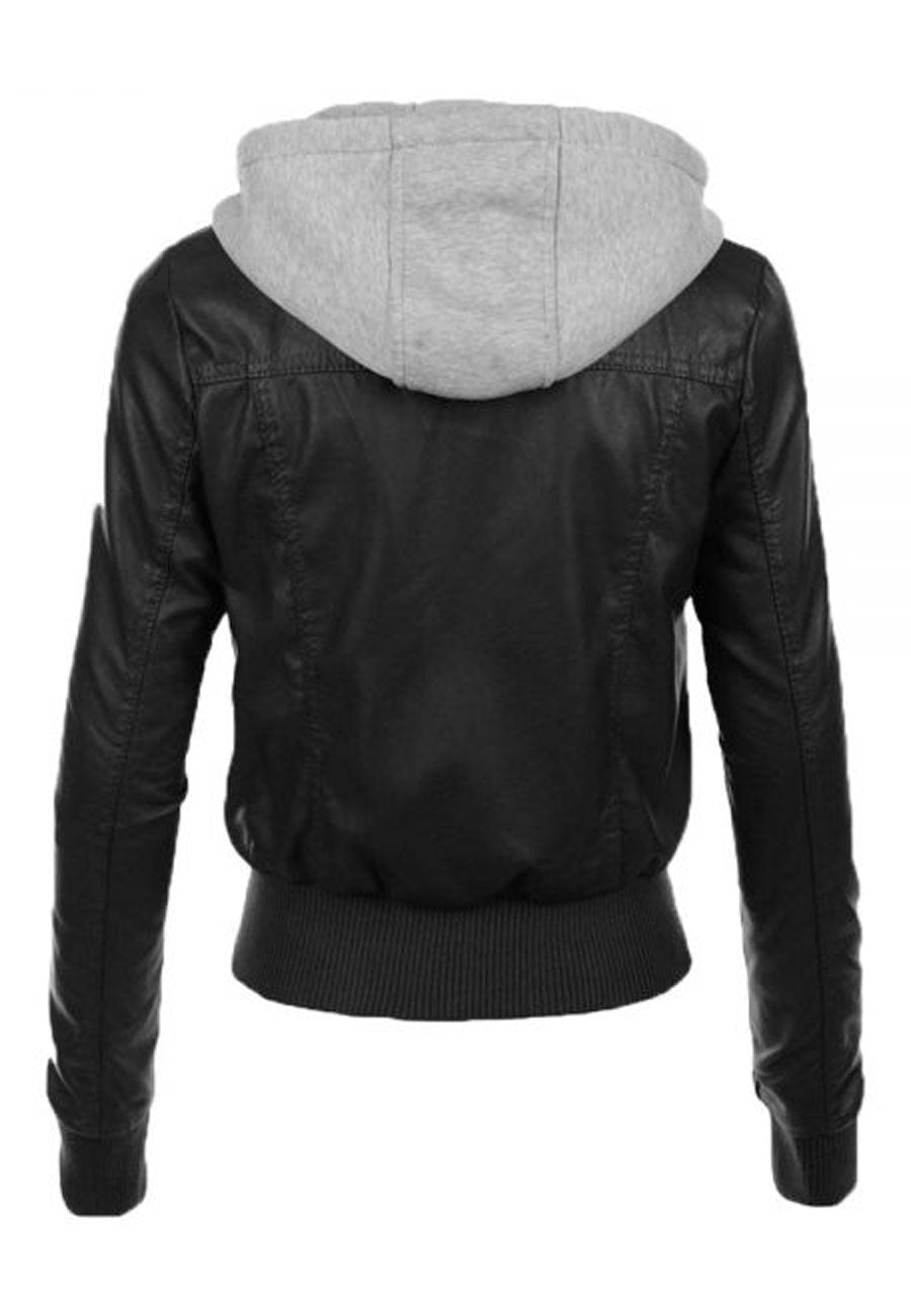 Women's Black Leather Removable Gray Hooded Bomber Jacket