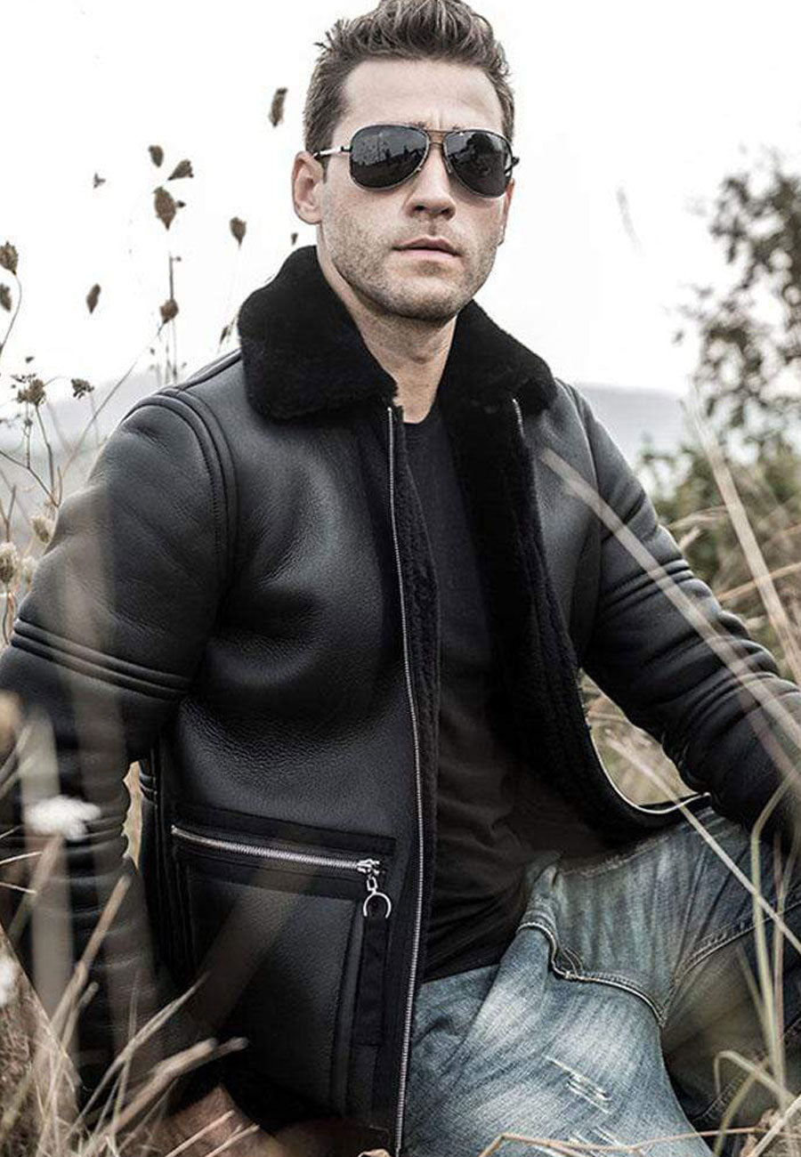 Men’s Black Shearling Flight Aviator Jacket