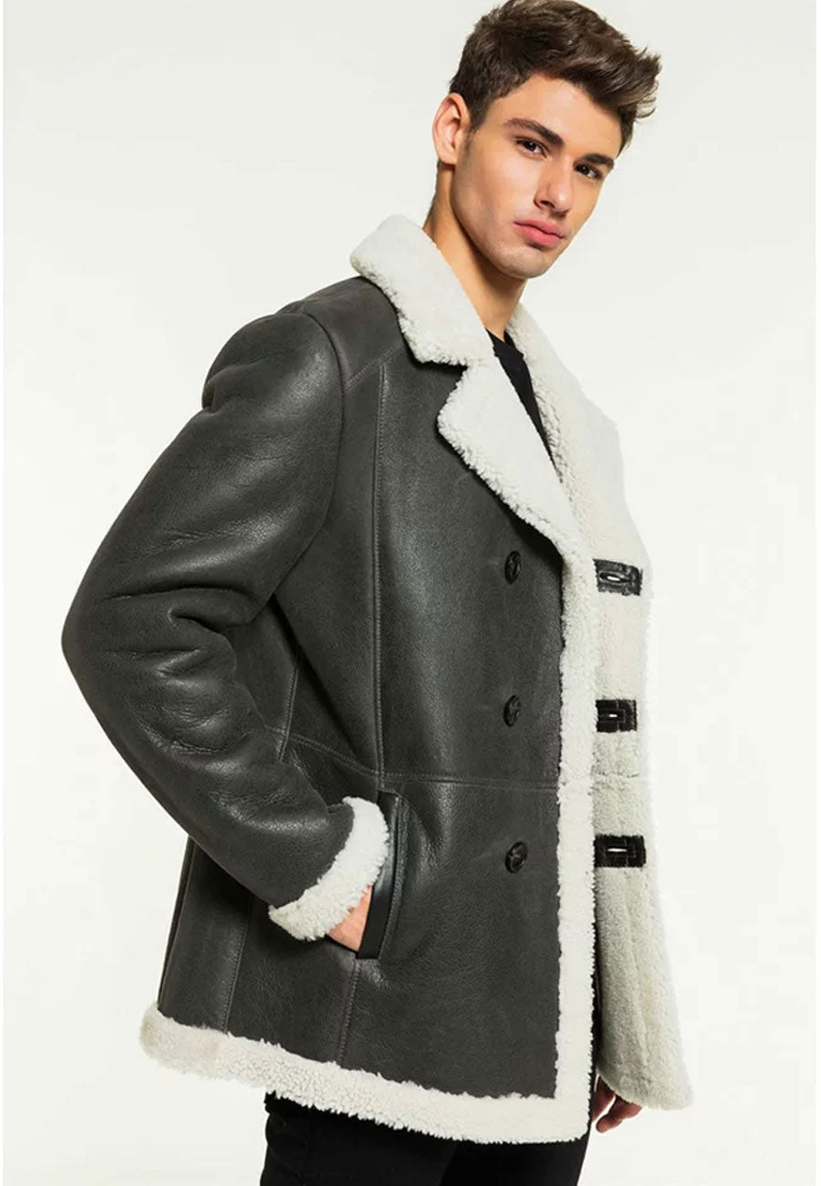 Men’s Black Leather White Shearling Long Coat