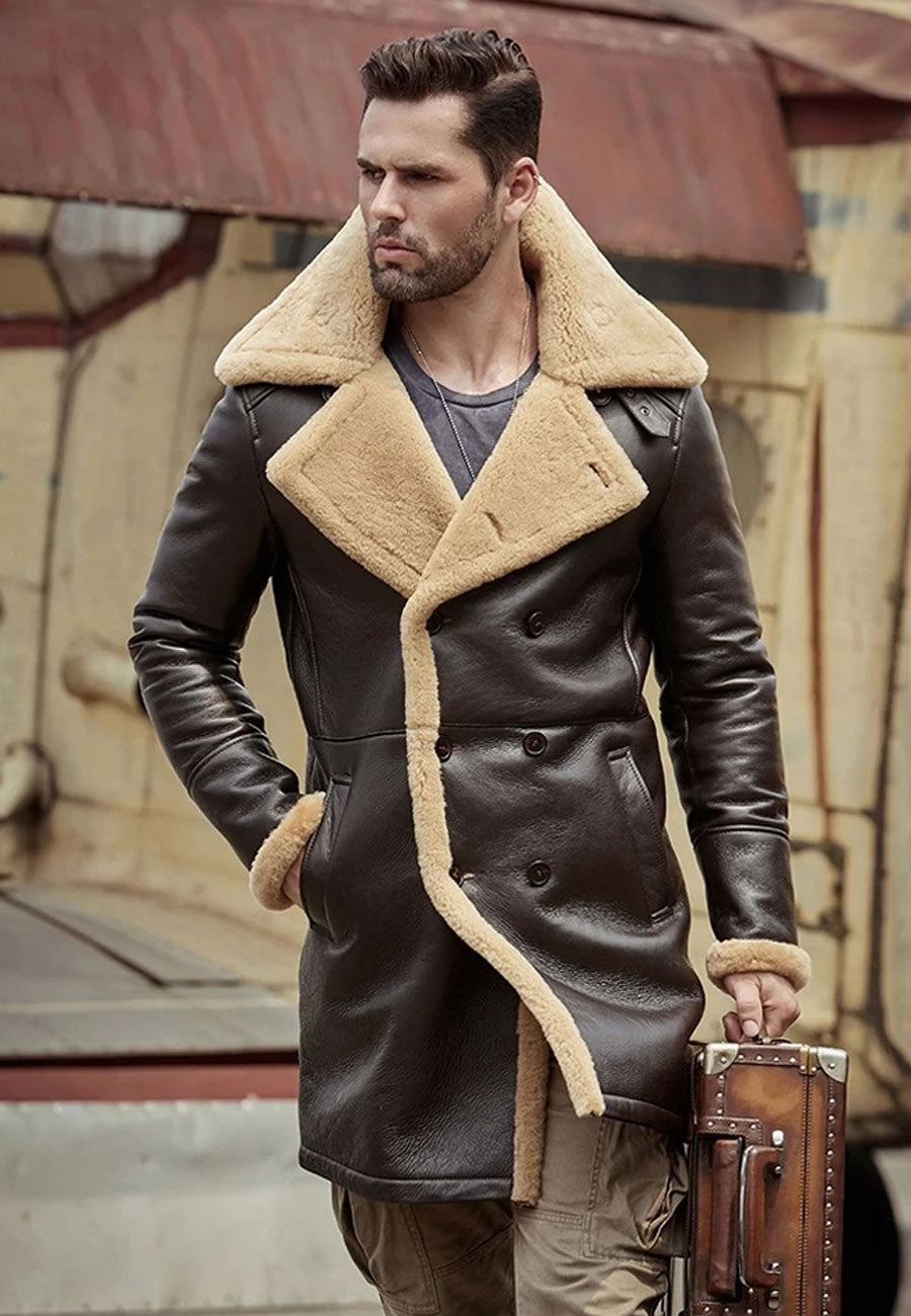 Men’s Dark Brown Leather Shearling Long Coat