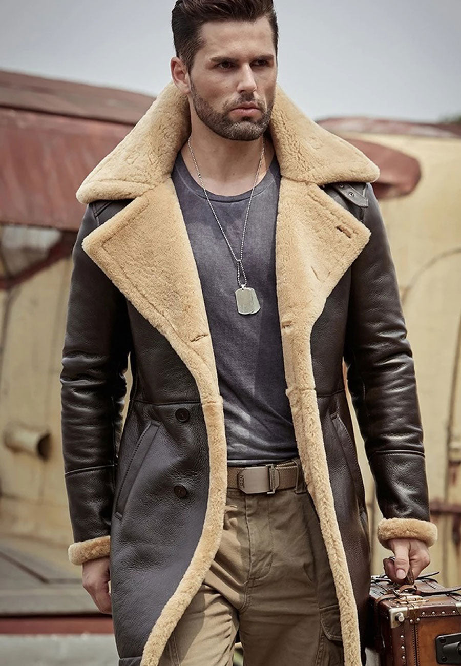 Men’s Dark Brown Leather Shearling Long Coat - Main Image