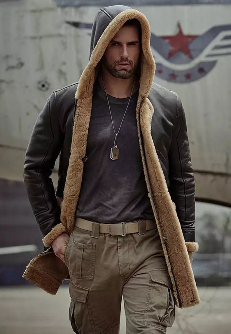 Men’s Dark Brown Leather Shearling Hooded Long Coat