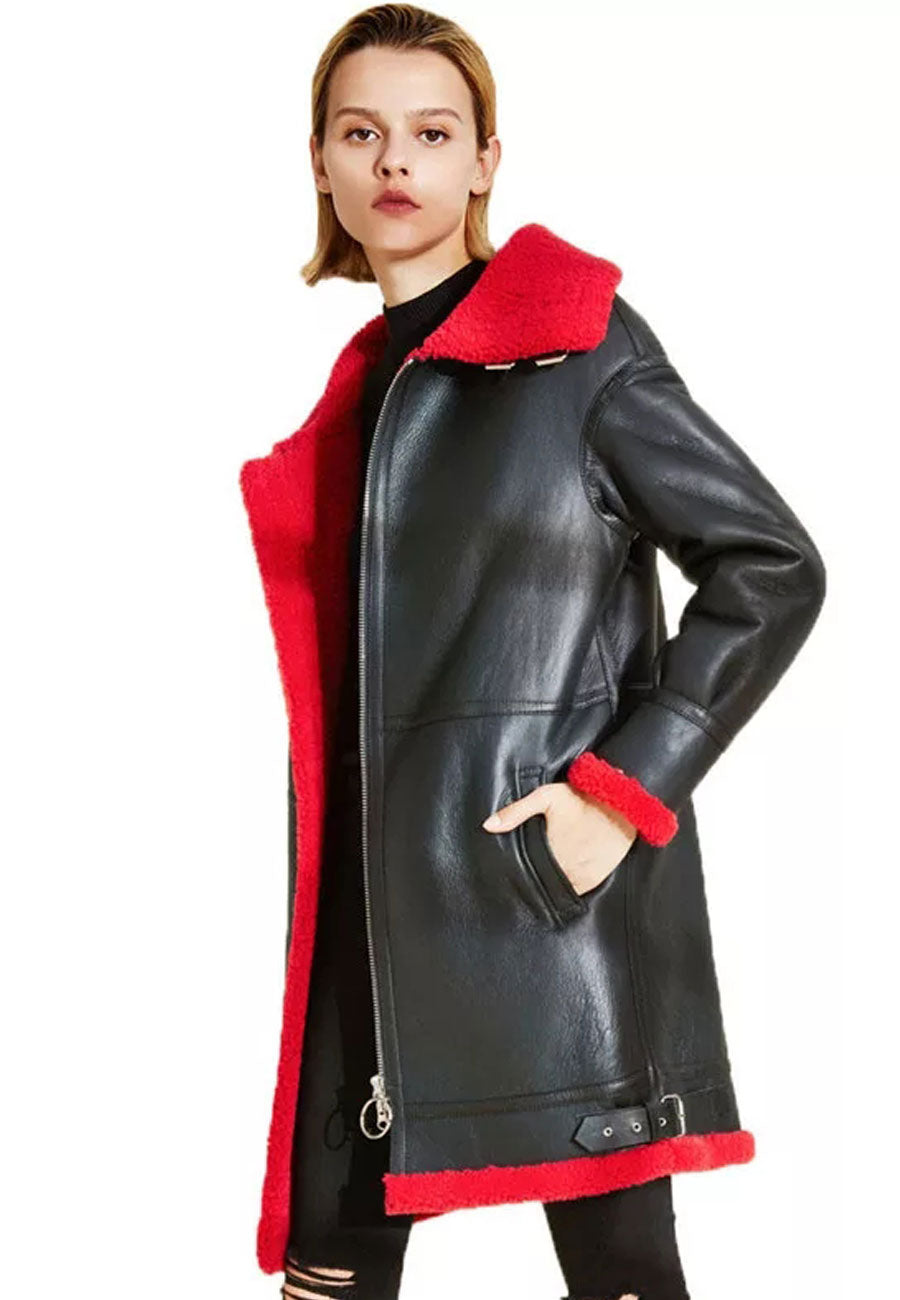 Women’s Black Leather Red Shearling Long Coat