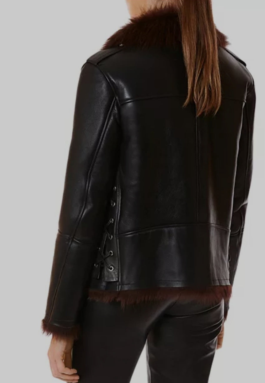 Women’s Brown Shearling Black Leather Jacket