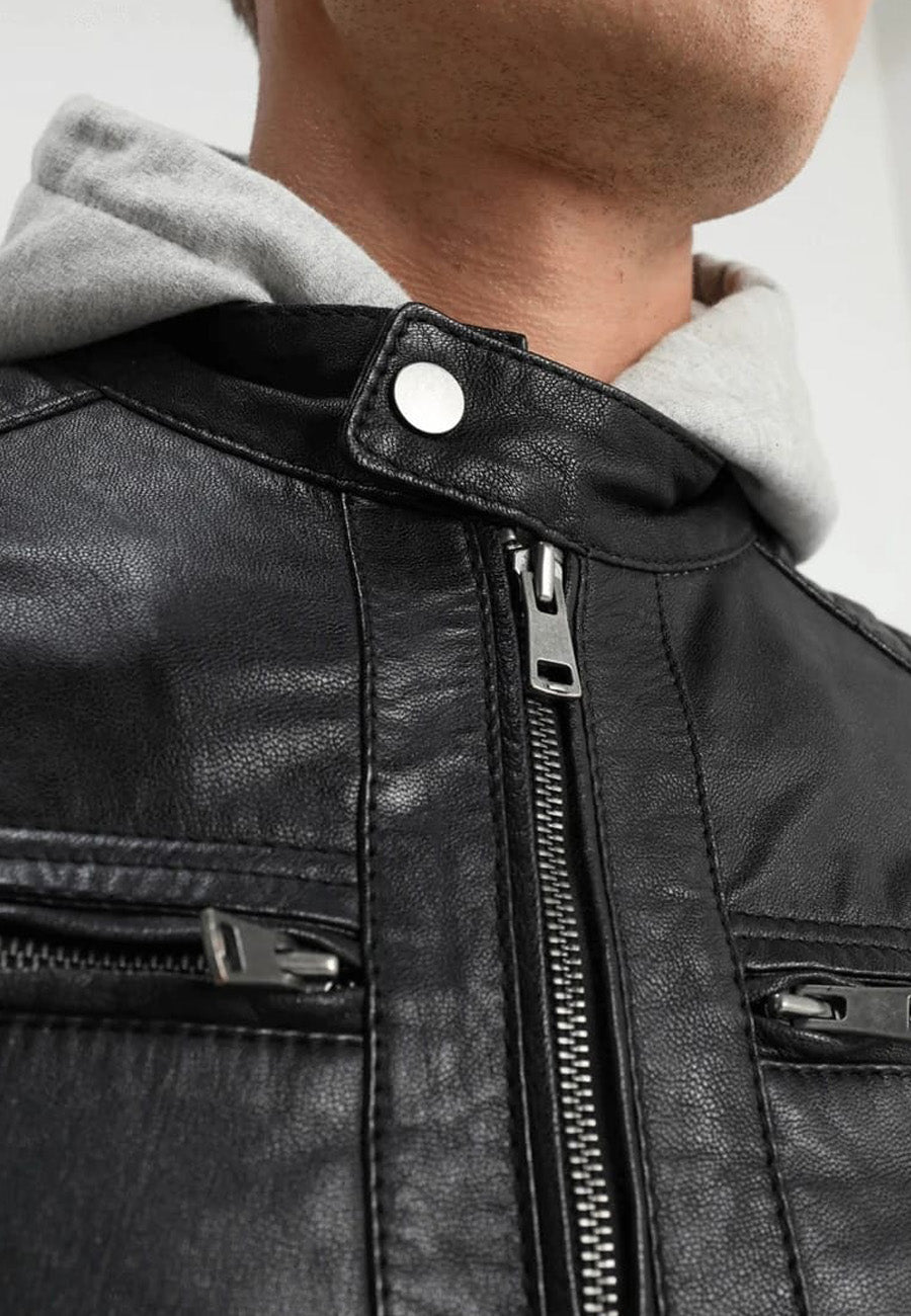 Men's Black Leather Removable Gray Hood Biker Jacket