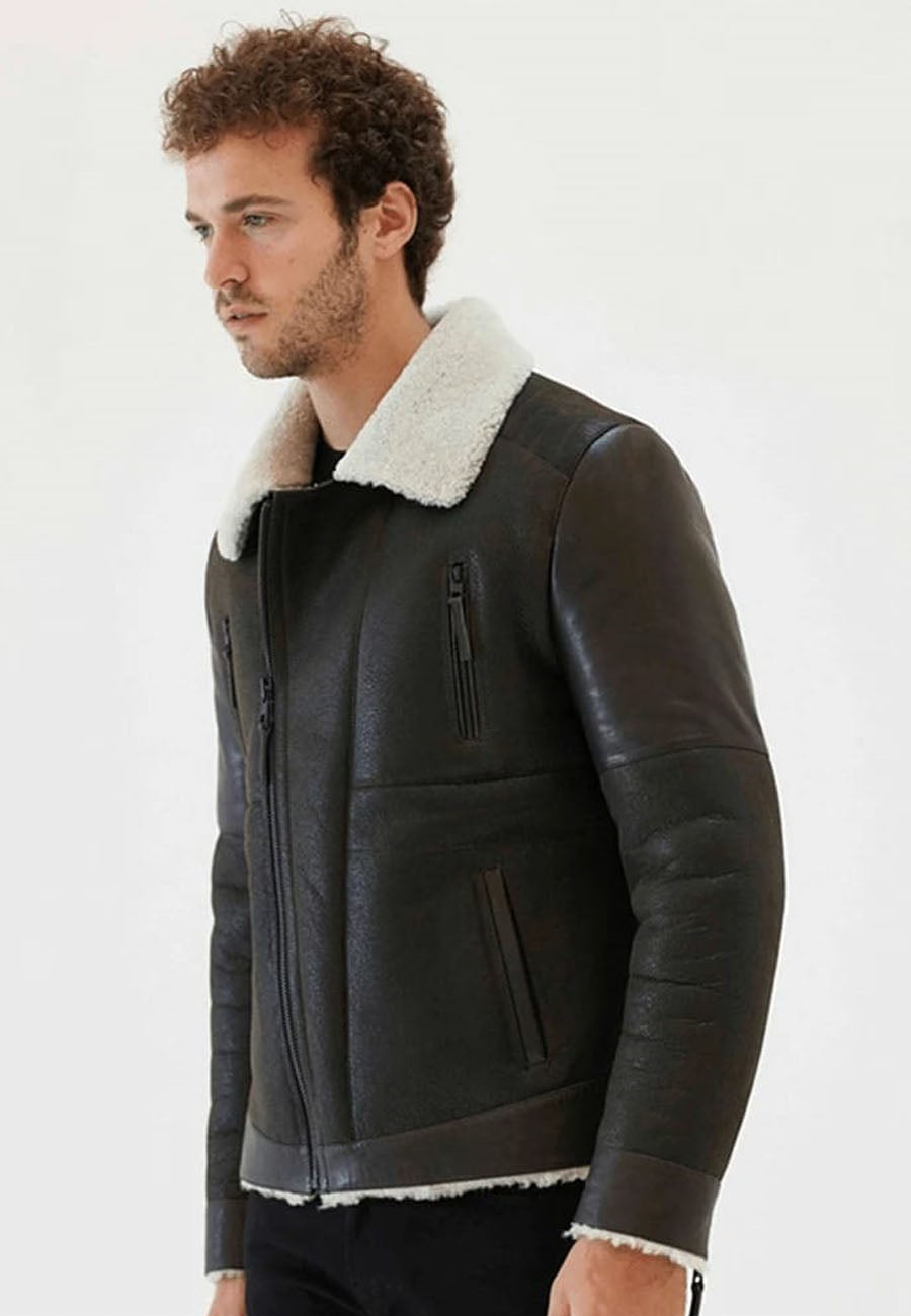 Men’s Black Leather White Shearling Collar Jacket