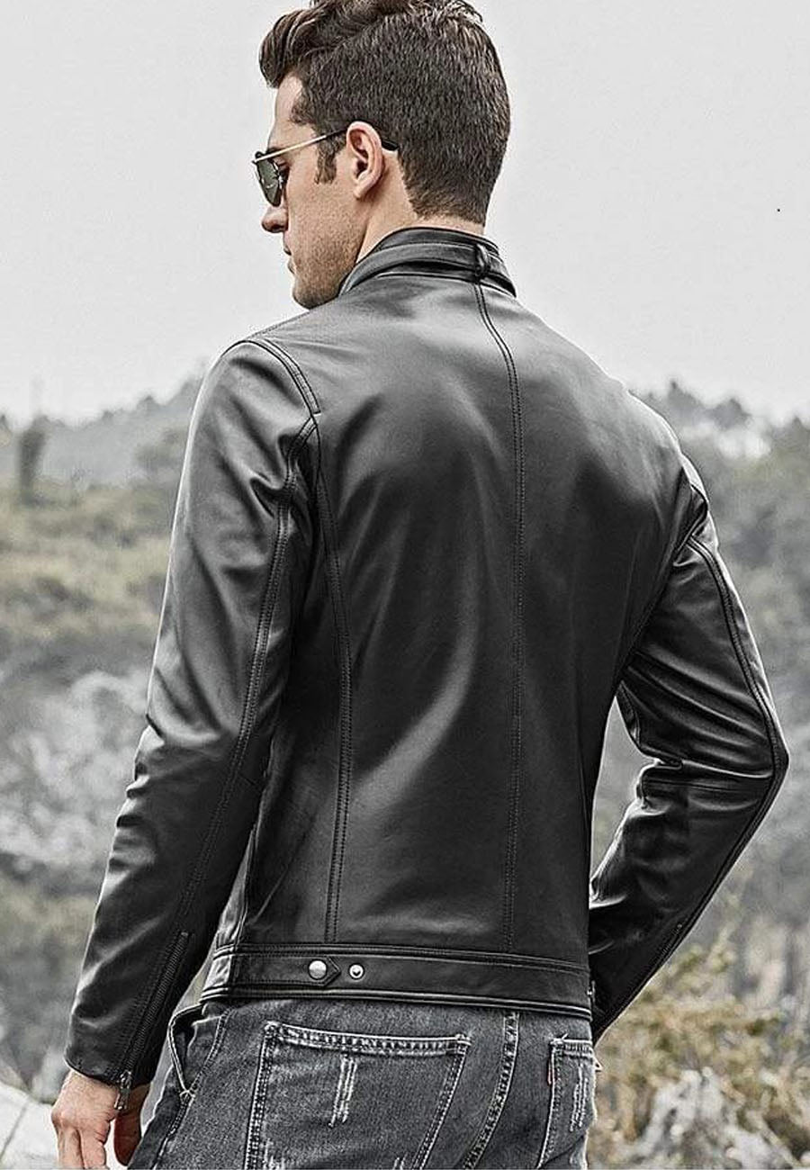 Men's Black Leather Crew Neck Jacket