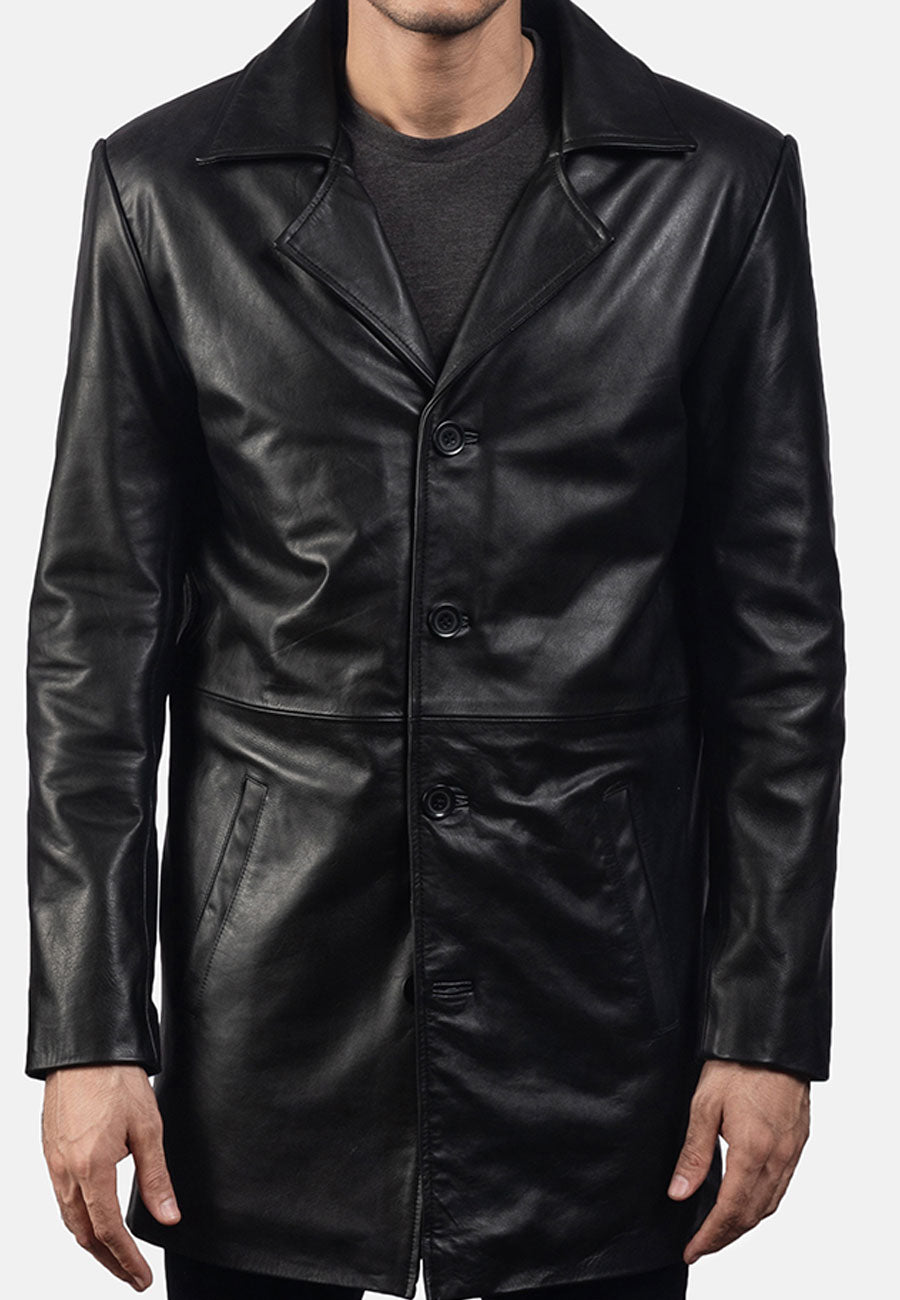 Men's Black Leather Trench Coat