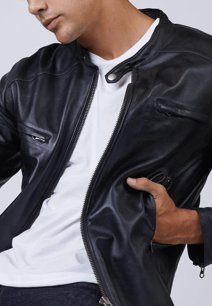 Men's Black Leather Jacket Crew Neck