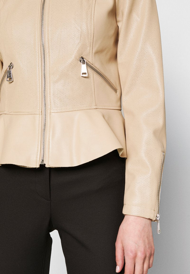 Women’s Beige Leather Crew Neck Jacket