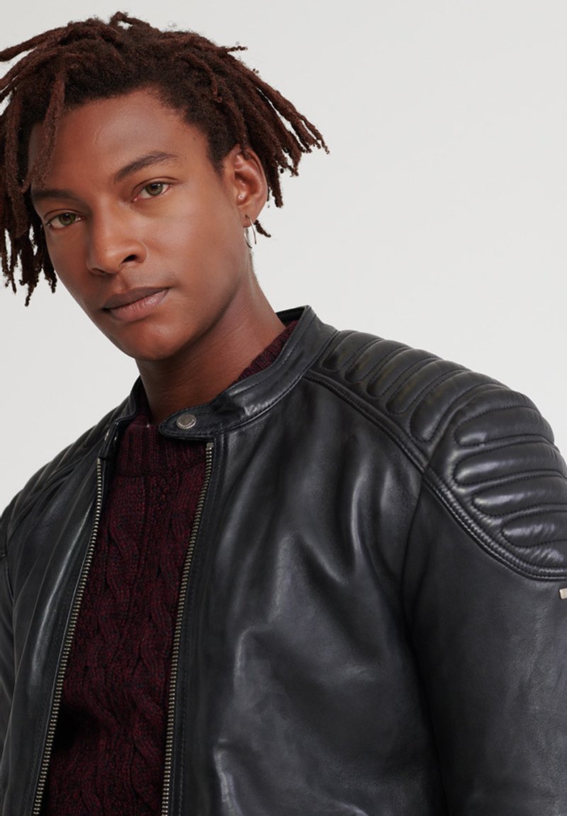 Men’s Black Leather Crew Neck Biker Jacket