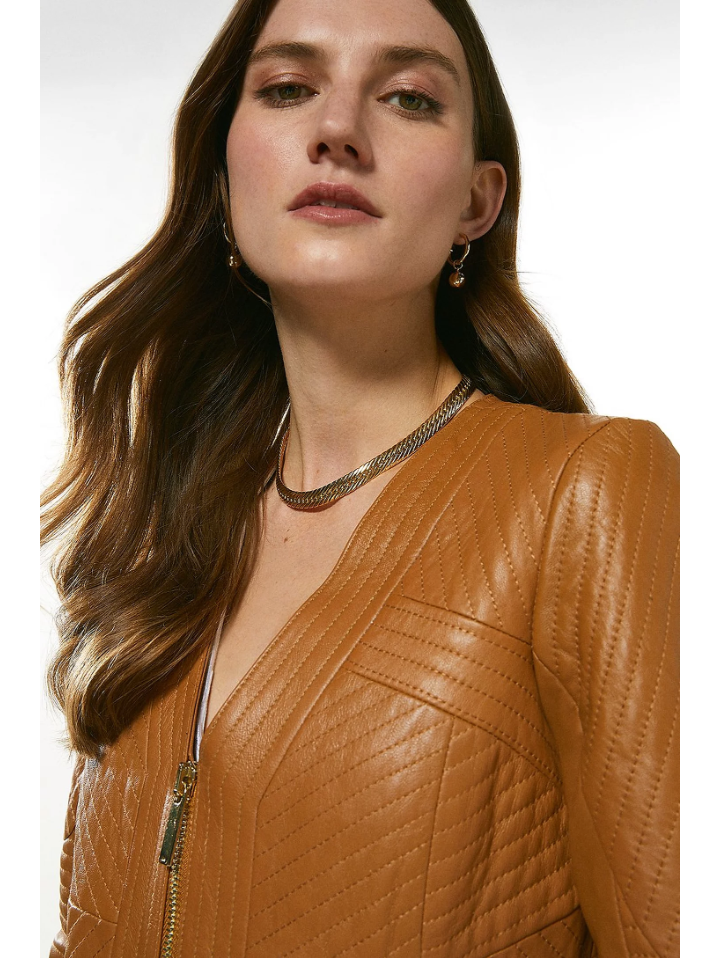 Women’s Tan Brown Leather Jacket V Neck