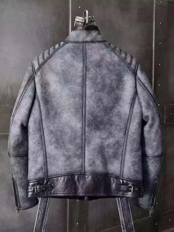 Men's B3 Leather Bomber Jacket Grey Shearling Coat