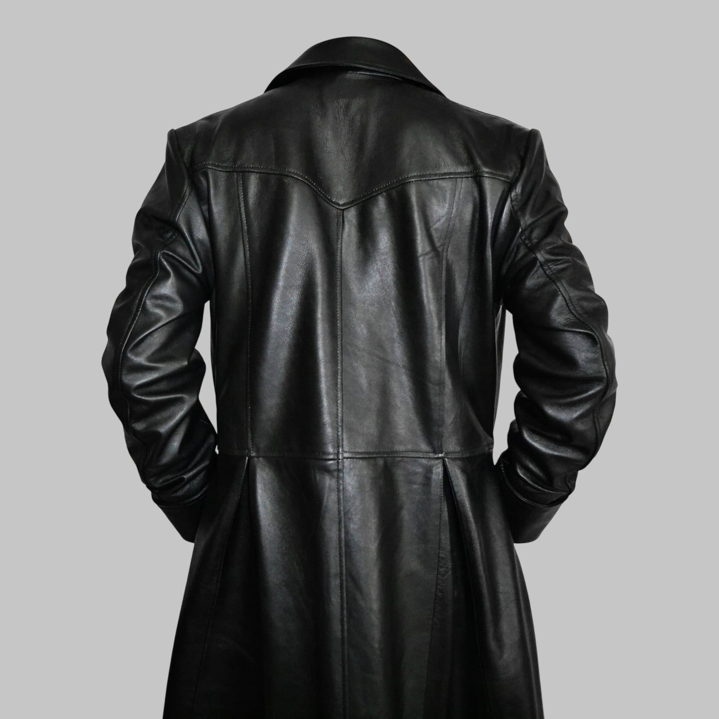 Men Black Slim Fit Genuine Leather Double Breasted Trench Coat