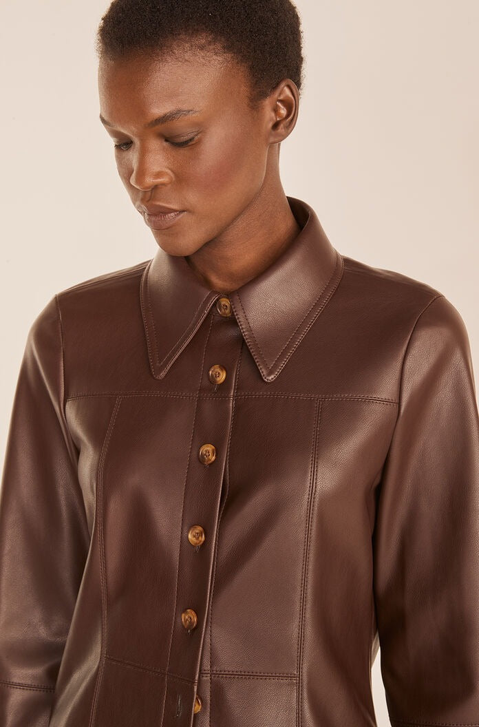 Women’s Chocolate Brown Leather Shirt – Gold Button Detail & Tailored Fit