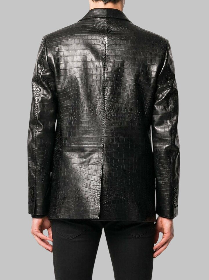Men Black Crocodile Embossed Leather Blazer