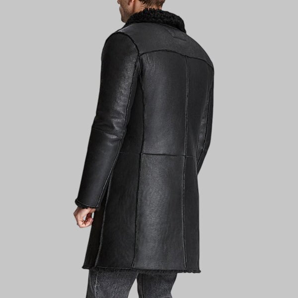 Men Black Shearling Leather Trench Coat