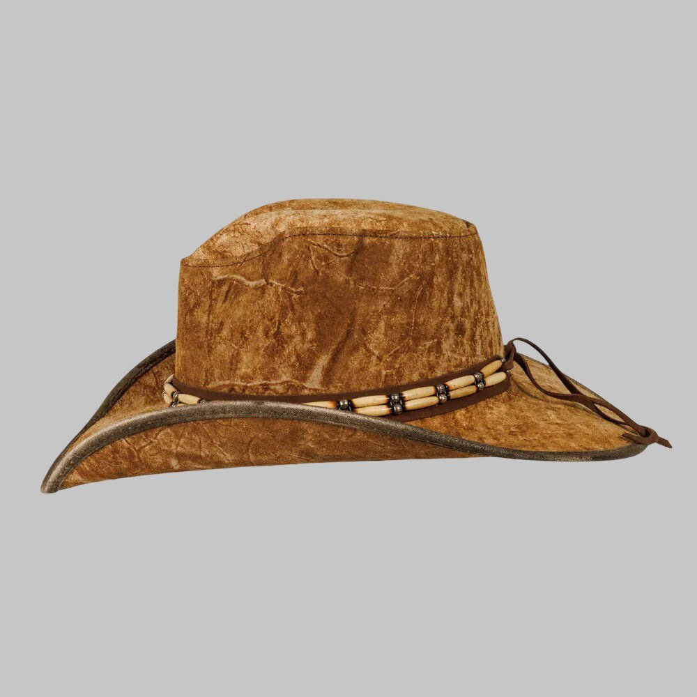 Brown suede cowboy hat with decorative band on a gray background