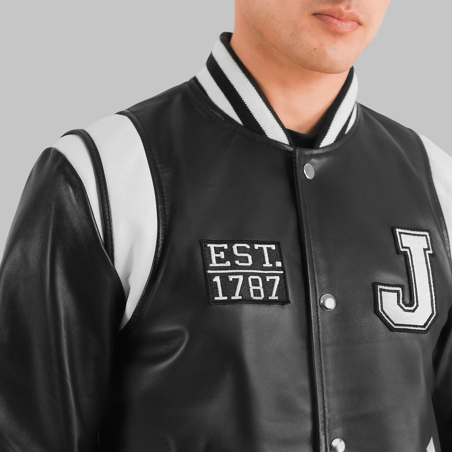 Men New Jersey Black Leather Varsity Jacket