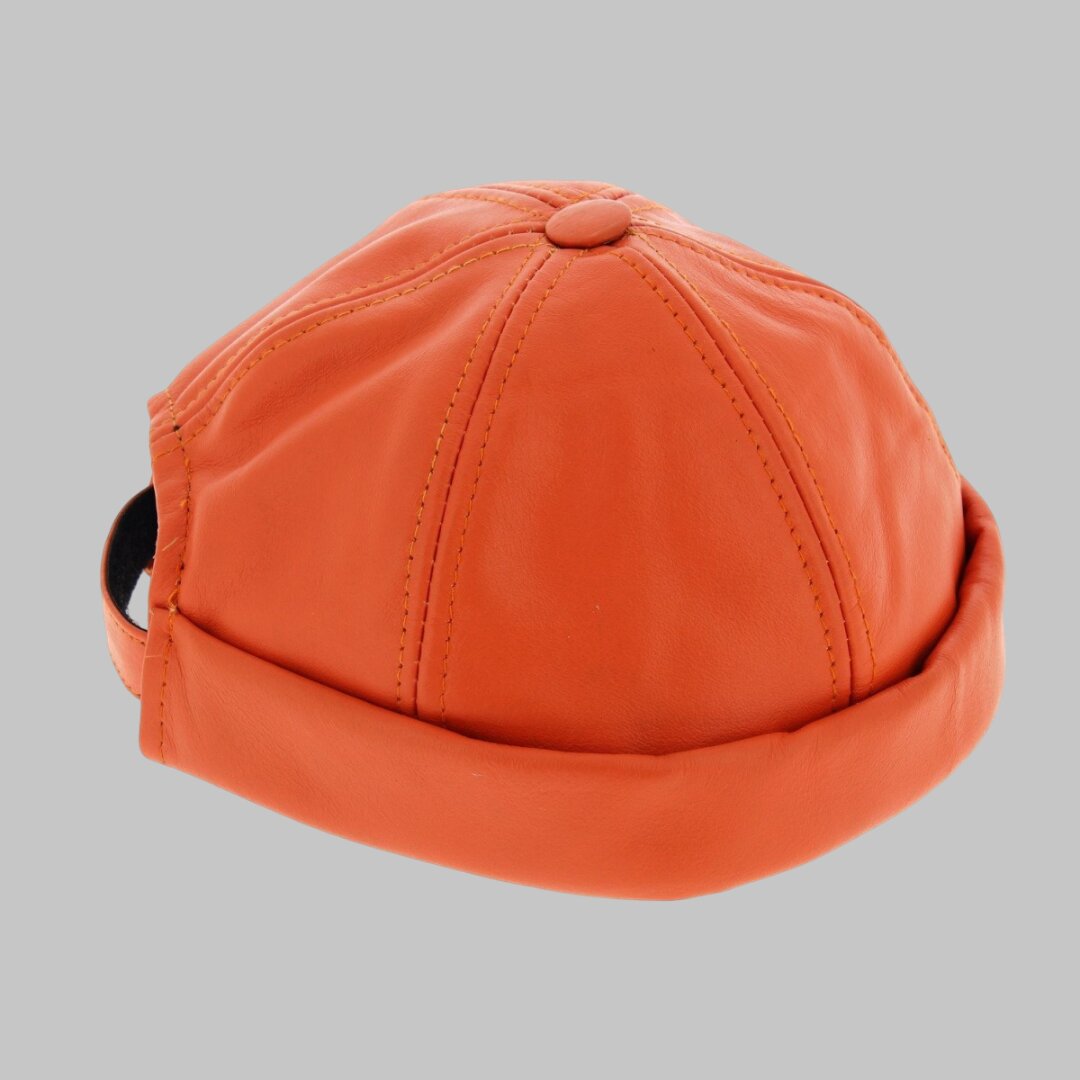Men Orange Leather Biker Beanie