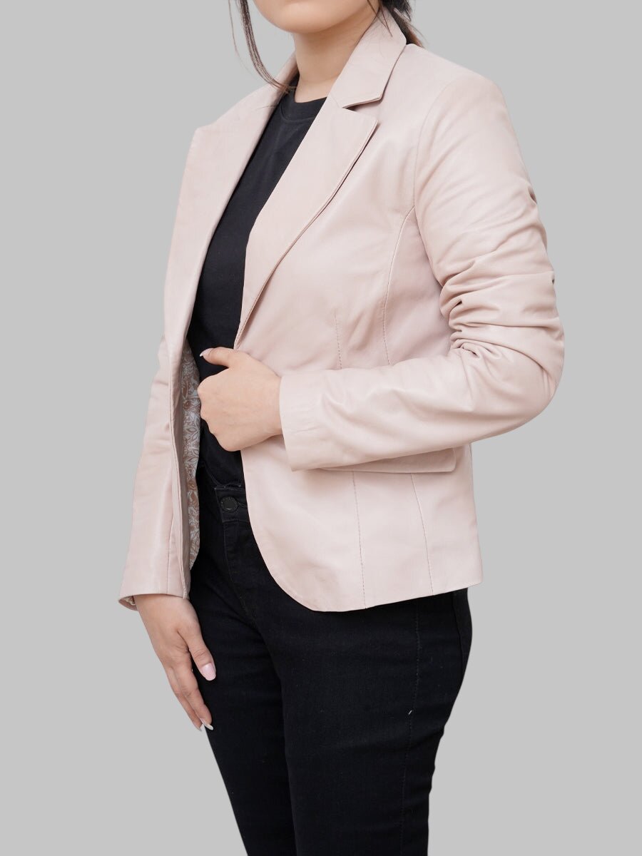 Women Classic Light Pink Leather Blazer