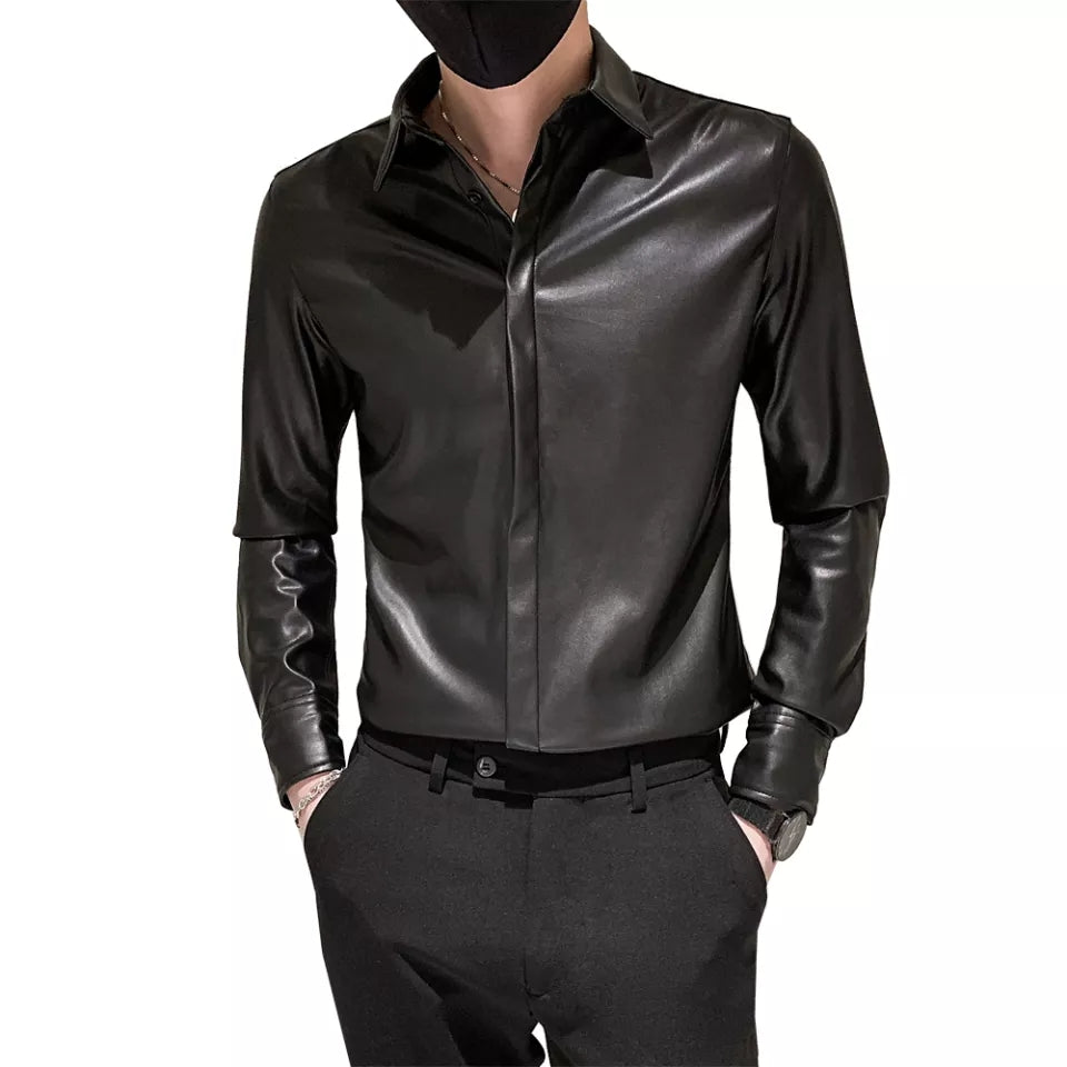 Men’s Slim Fit Black Sheepskin Leather Formal Shirt