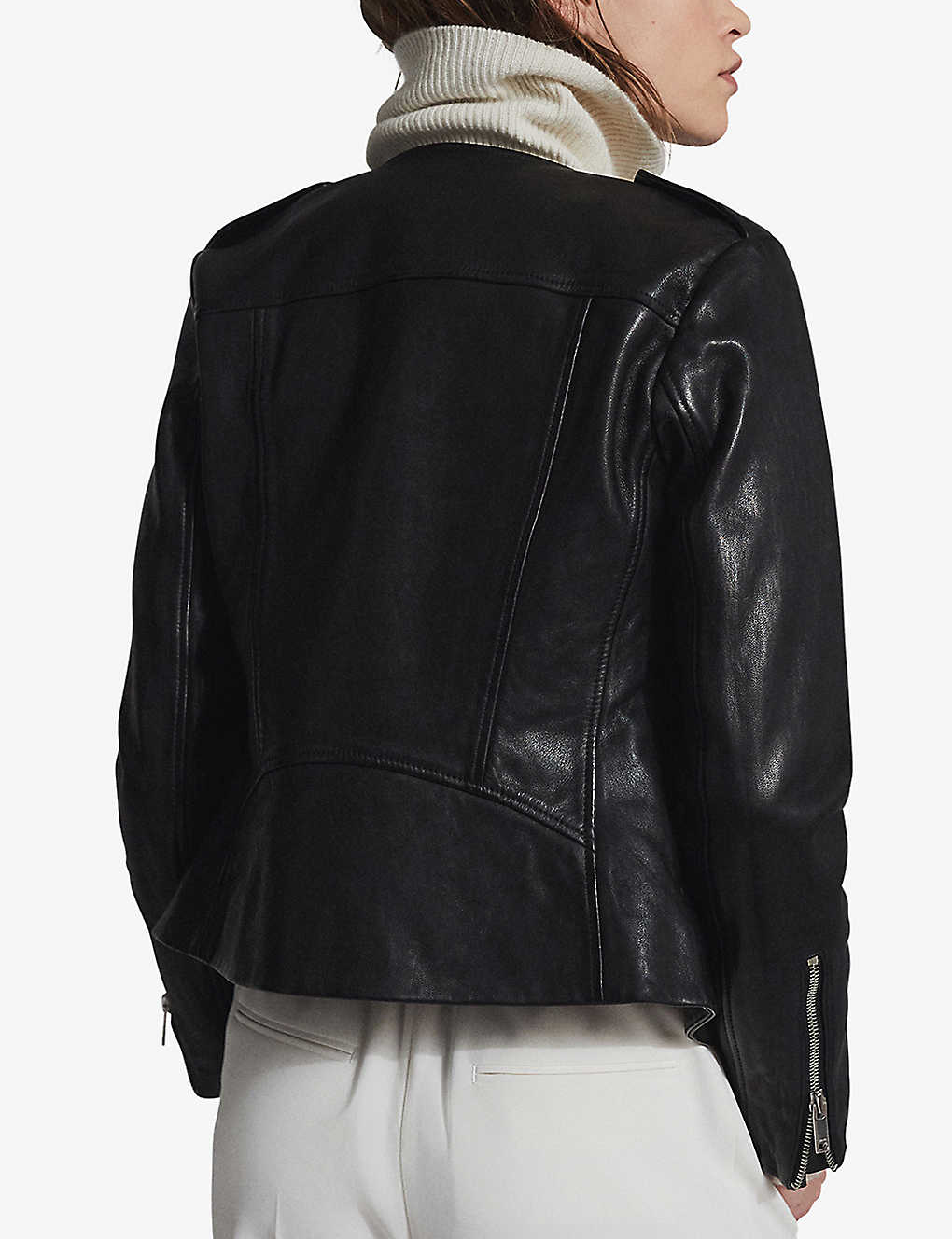 Women’s Crew Neck Black Leather Jacket