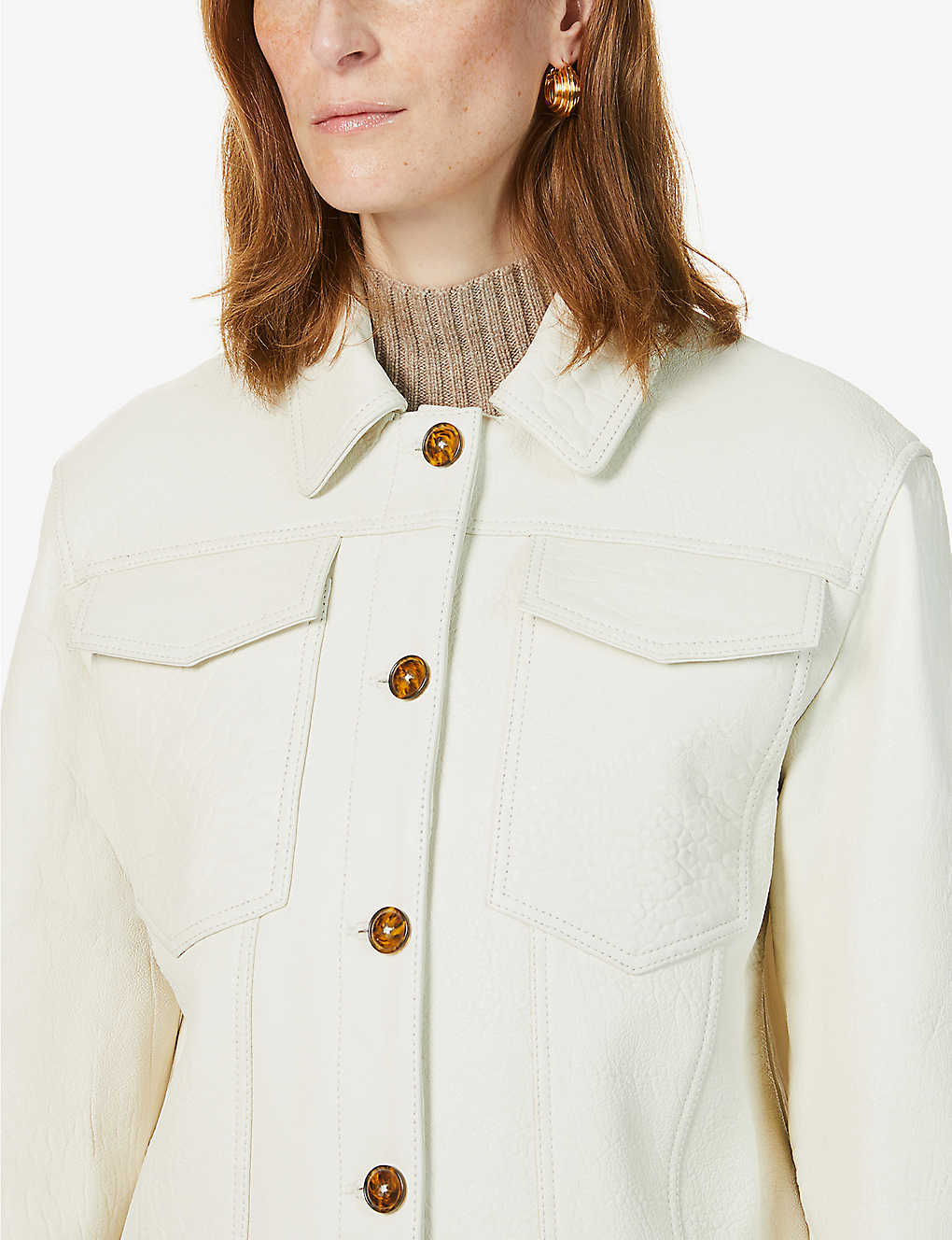 Women’s White Leather Trucker Jacket