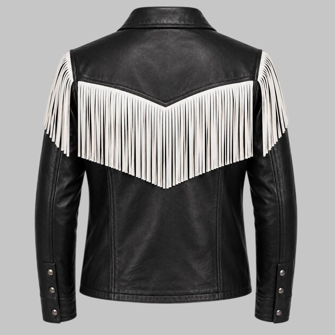 Black leather jacket with a large white fringe chevron across the shoulders and upper back, shown from the back on a neutral gray background.