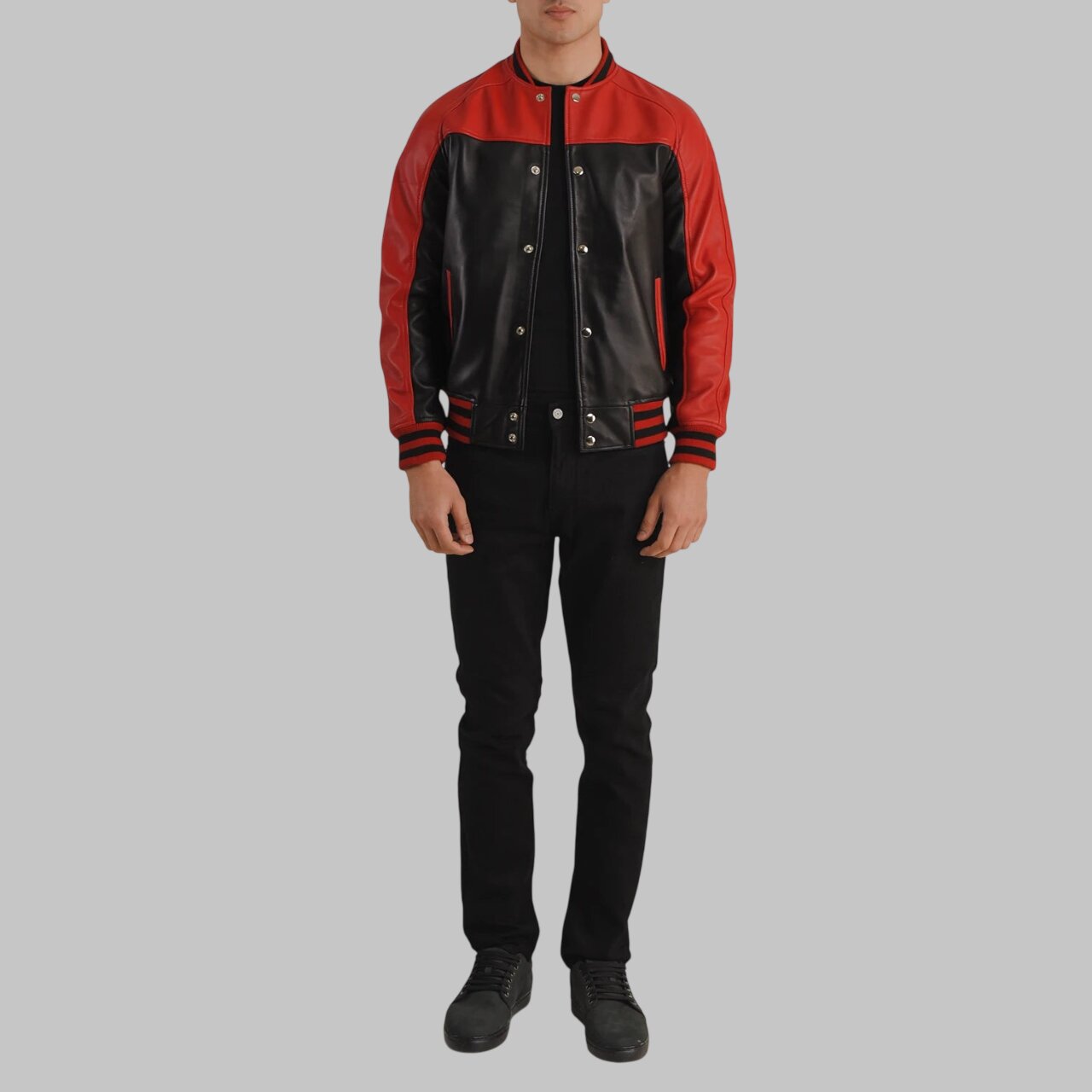 Men Black & Red Leather Varsity Jacket
