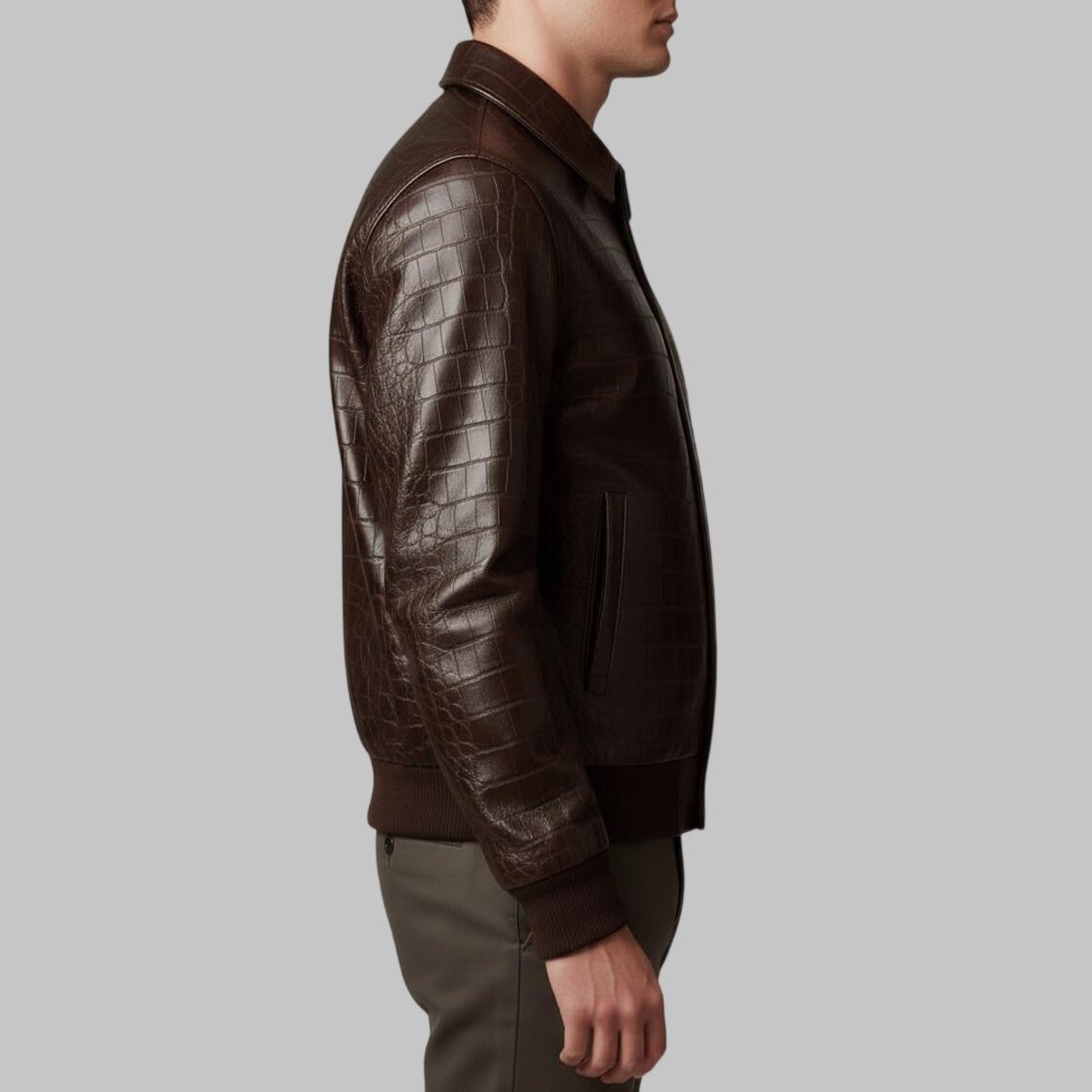 Side View of Men Dark Brown Crocodile Embossed Leather Bomber Jacket