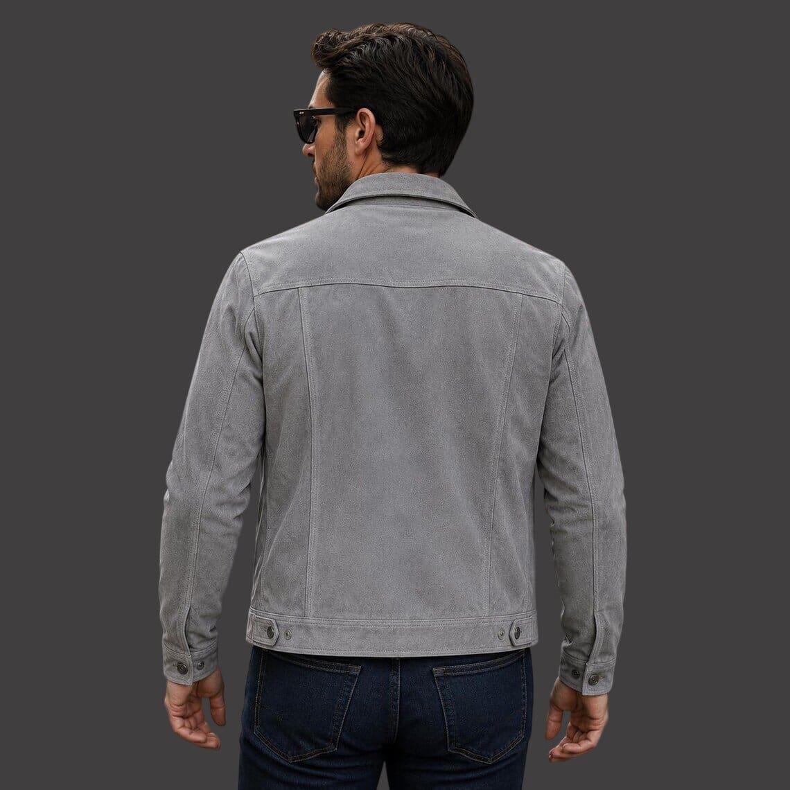 Back View of Men Gray Suede Leather Trucker Jacket