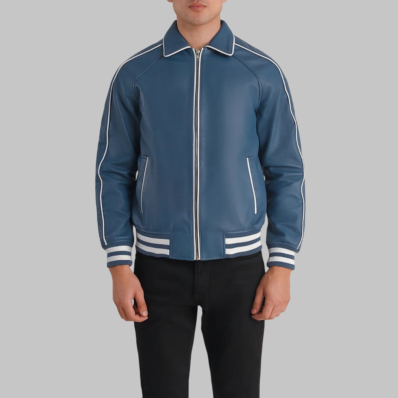 Men Light Blue Leather Varsity Jacket