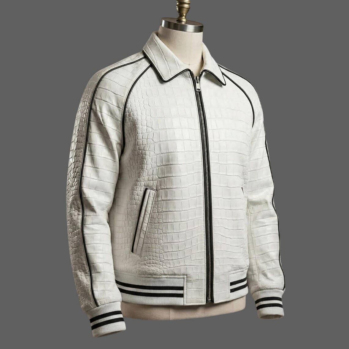 Side View of Men White Crocodile Embossed Leather Jacket with Black Piping