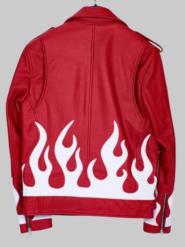 Men’s Red Leather Biker Jacket with White Flames