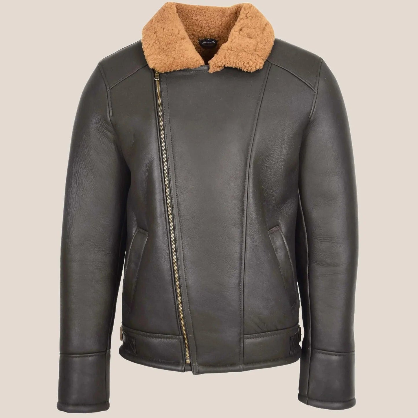 Men's Brown Aviator Sheepskin Pilot Jacket with Cross Zip