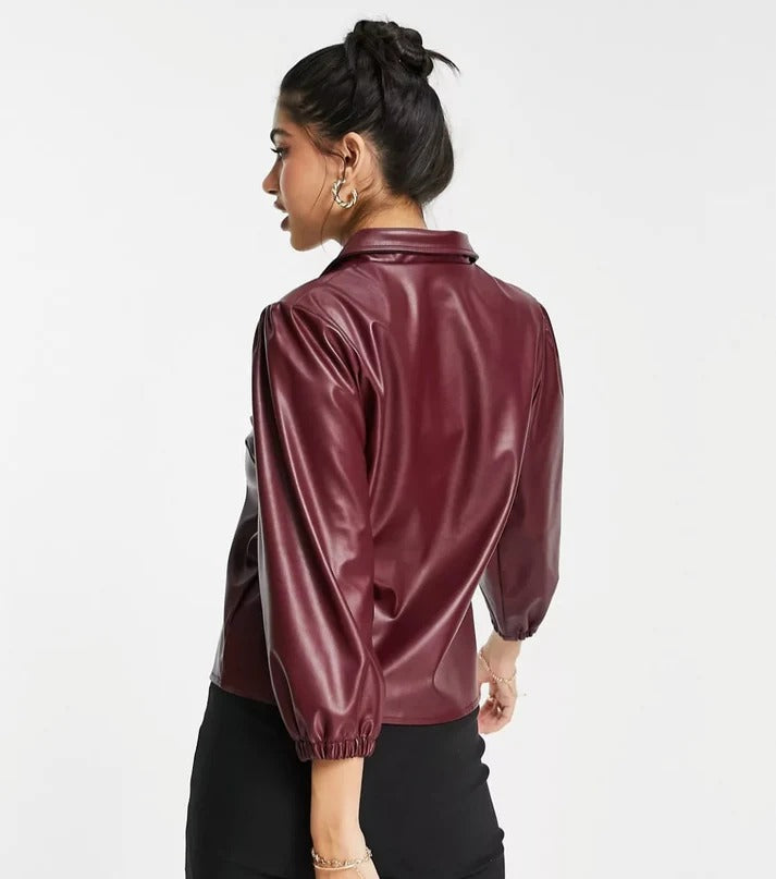 Women’s Maroon Leather Shirt – Full Sleeve Tailored Fit Elegance