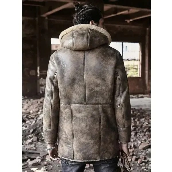 Men's Waxed Sheepskin Leather Fur Coat with Hood