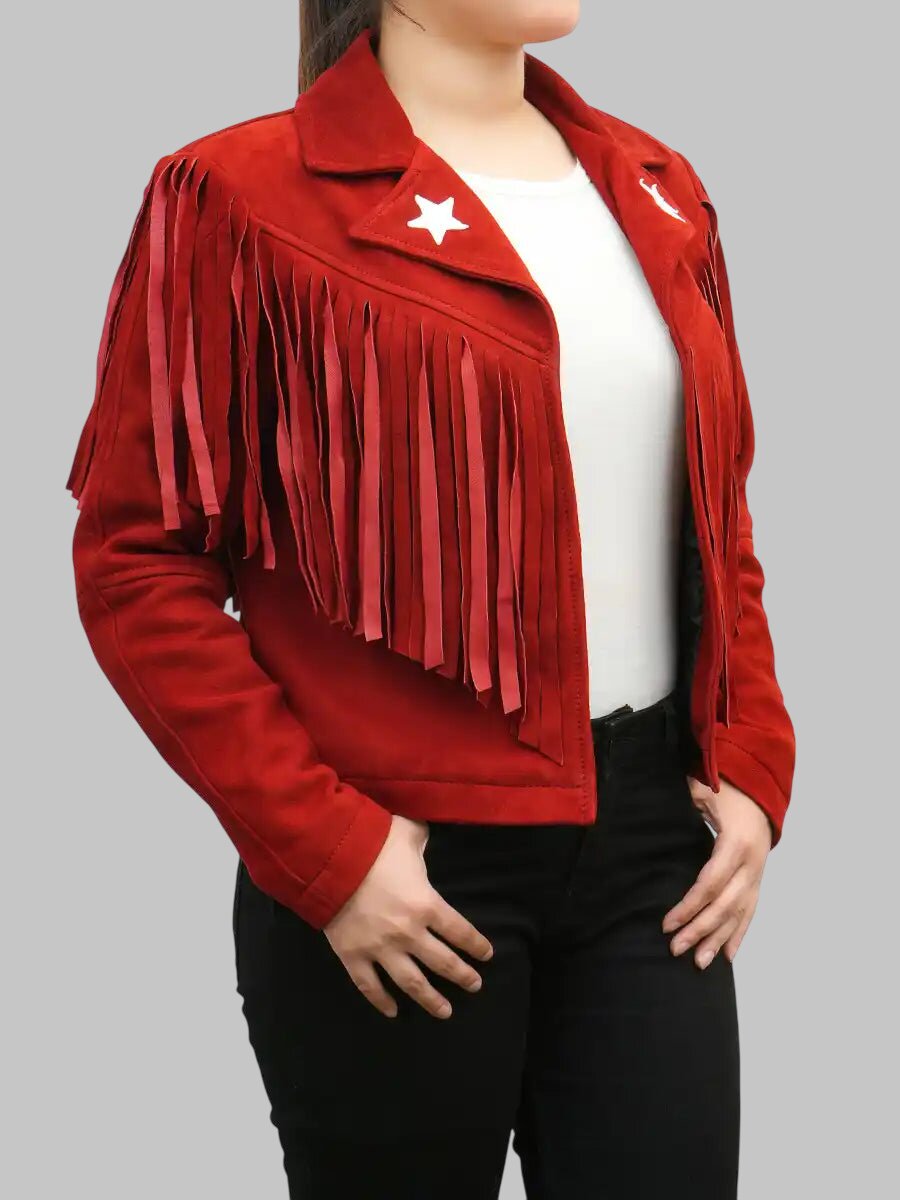 Women Red Suede Leather Fringed Jacket