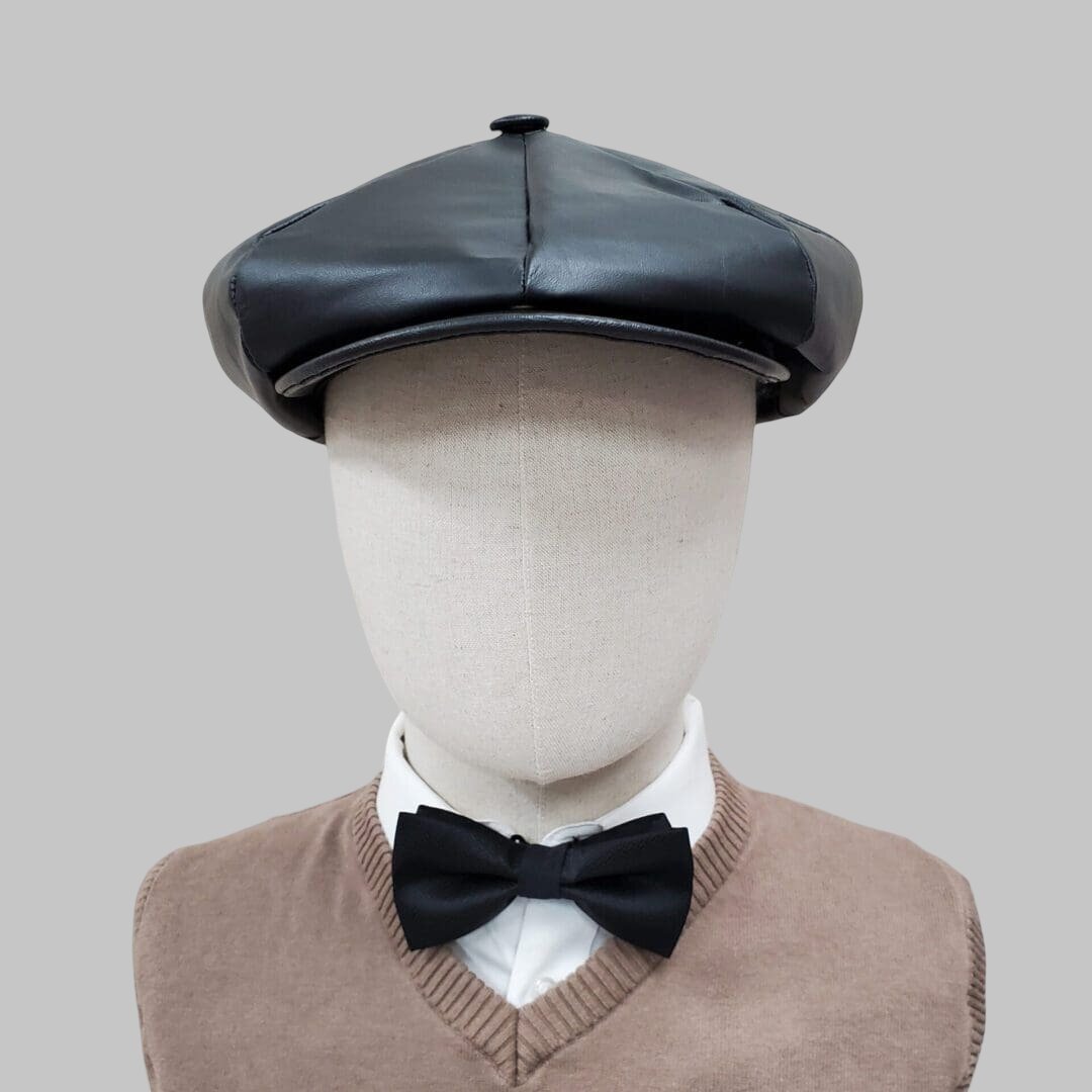 Men Black Cowhide Real Leather Newsboy Cap