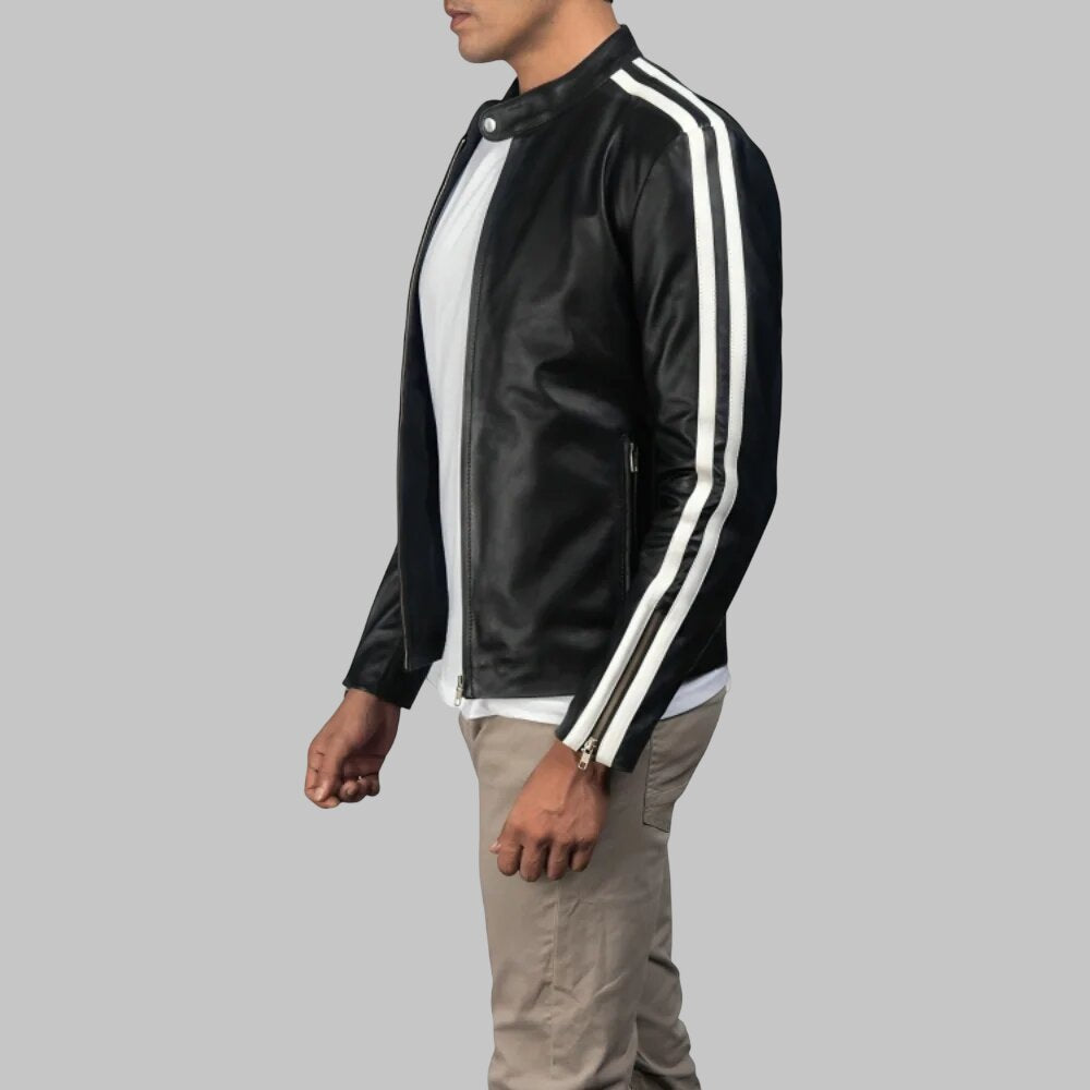 Men Black Leather Cafe Racer Jacket with White Stripes