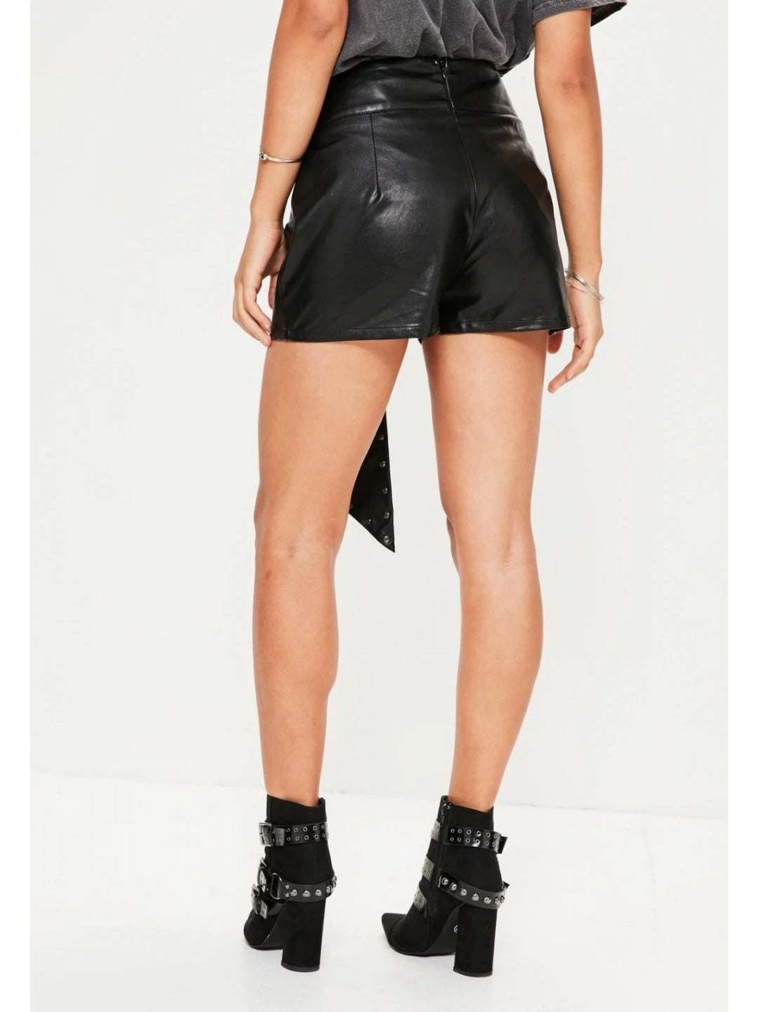 Women's High-Waisted Black Leather Shorts with Studded Belt