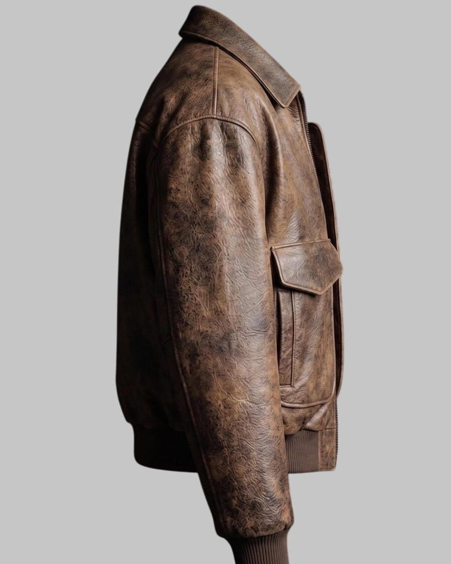 Side View of Women Vintage Brown Distressed Leather Bomber Jacket