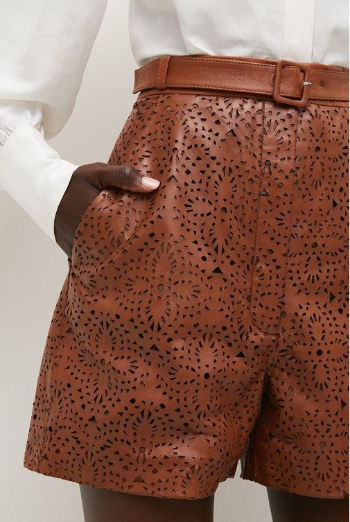 Women's High-Waisted Brown Leather Shorts with Subtle Pattern – Stylish & Sophisticated