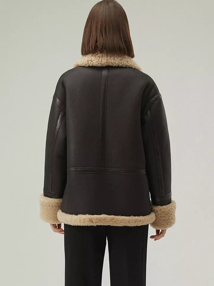 Women’s Matte Black Leather Shearling Big Collar Fur Coat