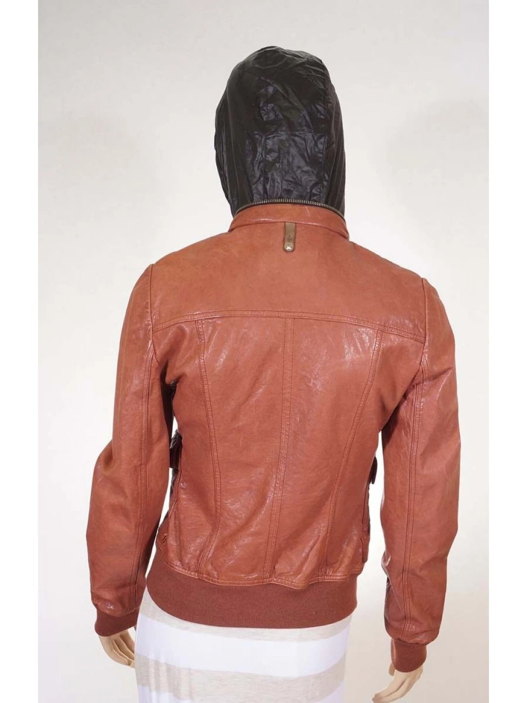 Women’s Tan Leather Moto Biker Hooded Bomber Jacket