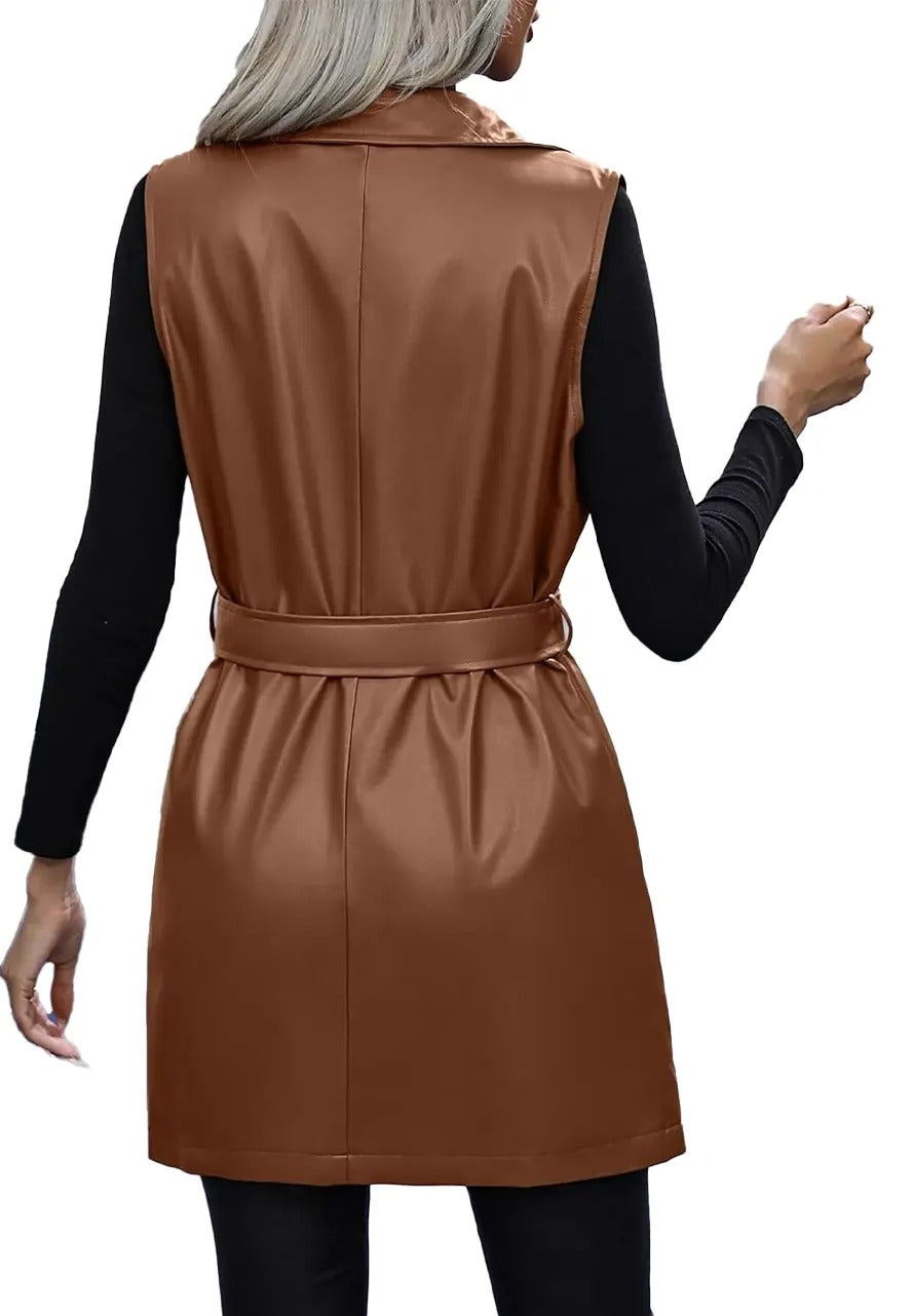 Women's Long Brown Leather Vest with Adjustable Belt