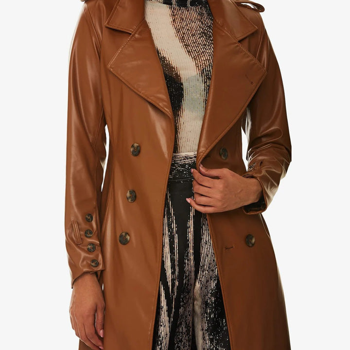 Women's Brown Sheepskin Long Leather Trench Coat