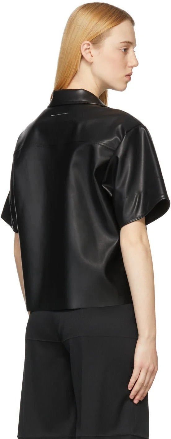 Women’s Black Leather Shirt – Half Sleeve Tailored Fit Elegance