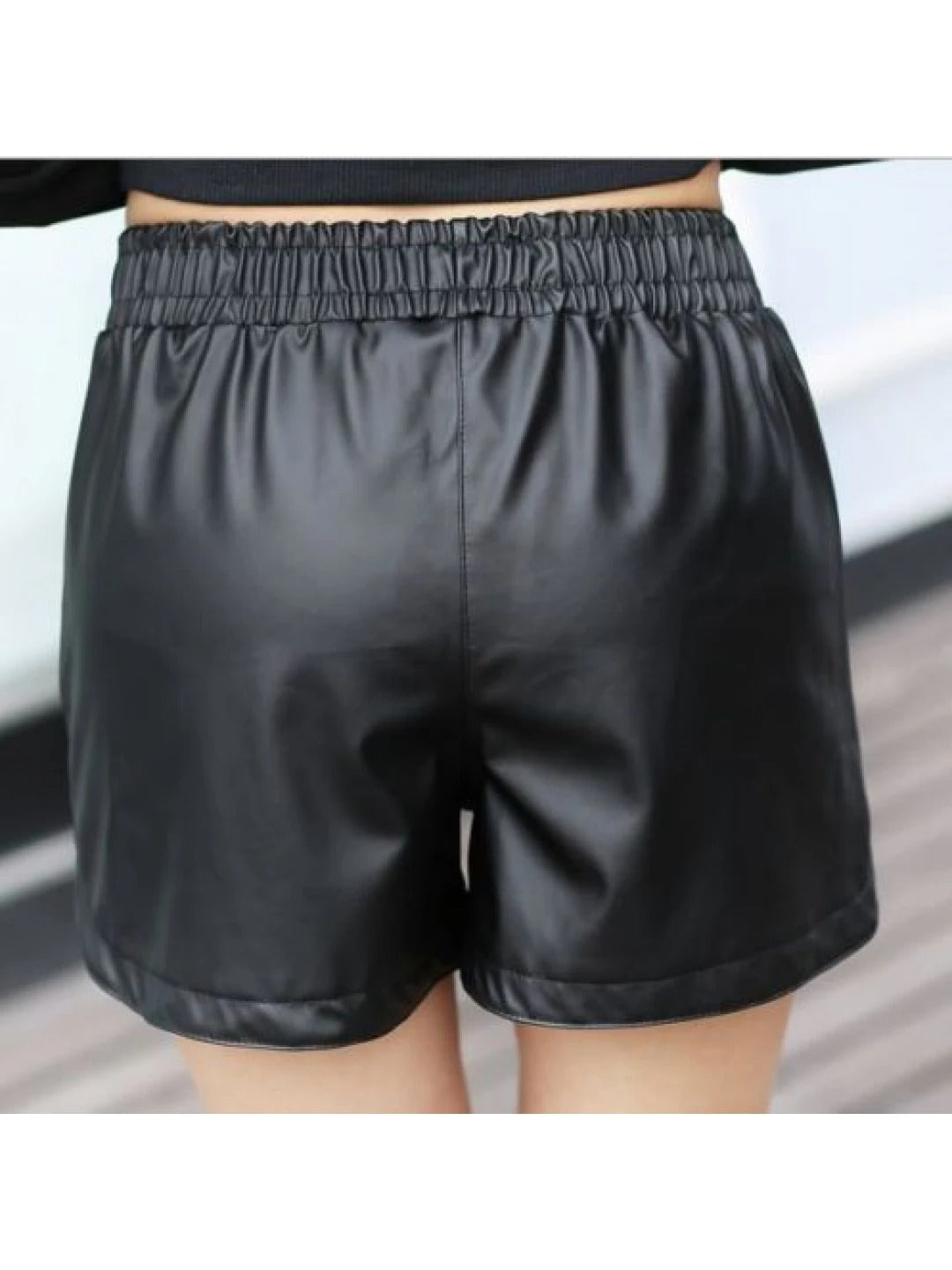 Women's Elastic Waist Black Fashion Leather Shorts